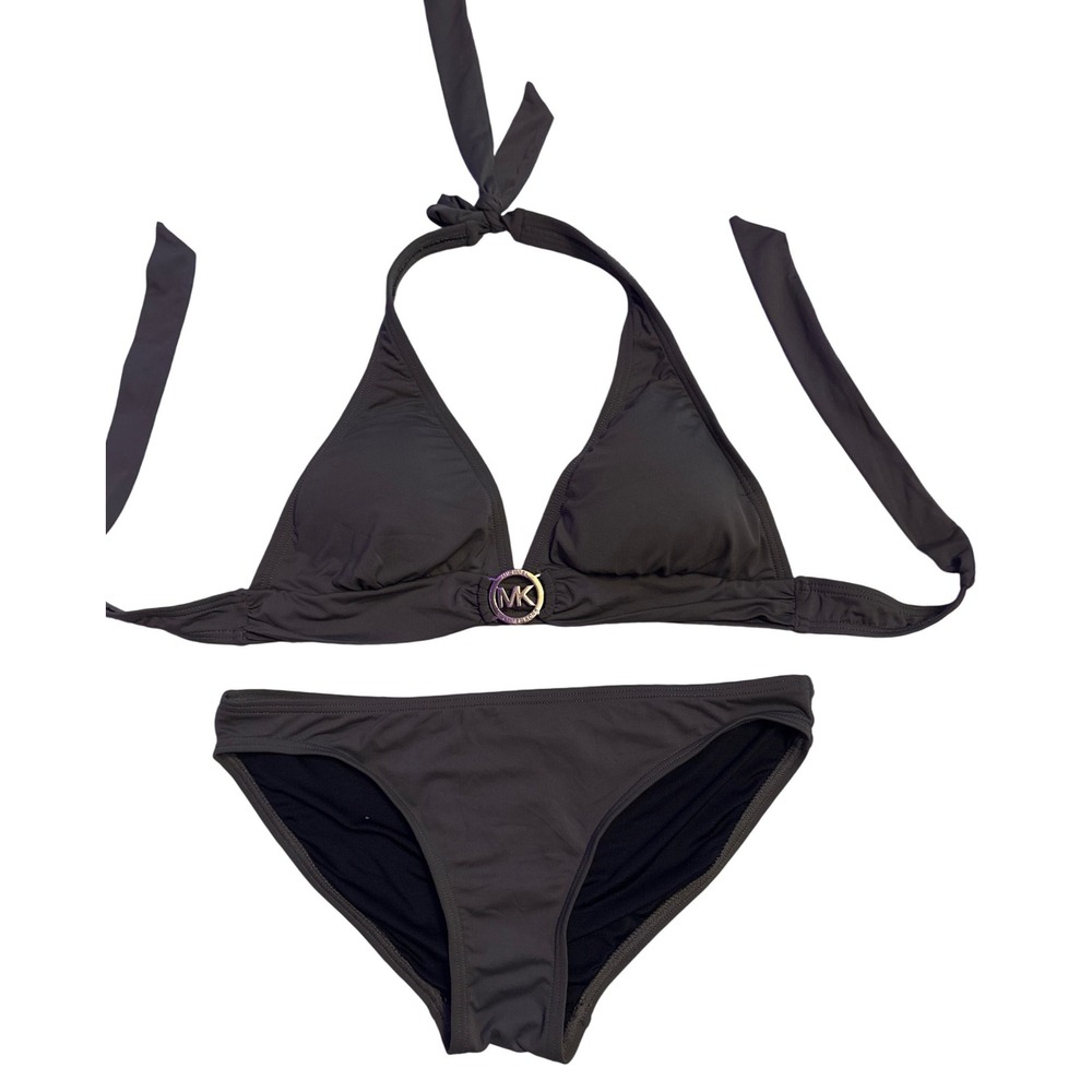 MICHAEL Michael Kors Logo Ring Halter Bikini 2 Piece Swimsuit Olive Size S